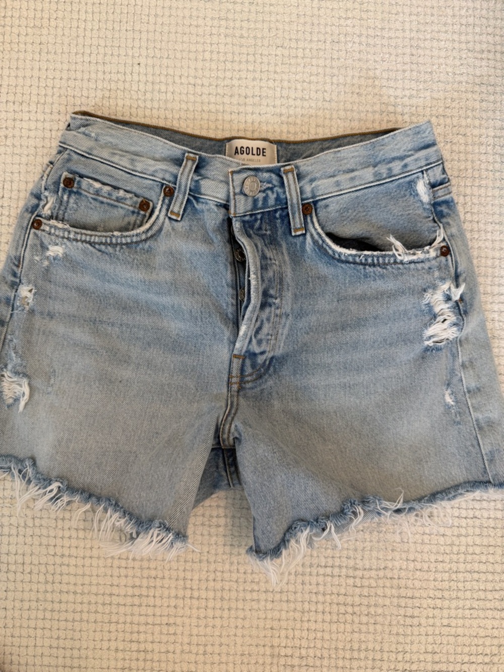 Agolde Light Wash Distressed Denim Cutoff Shorts